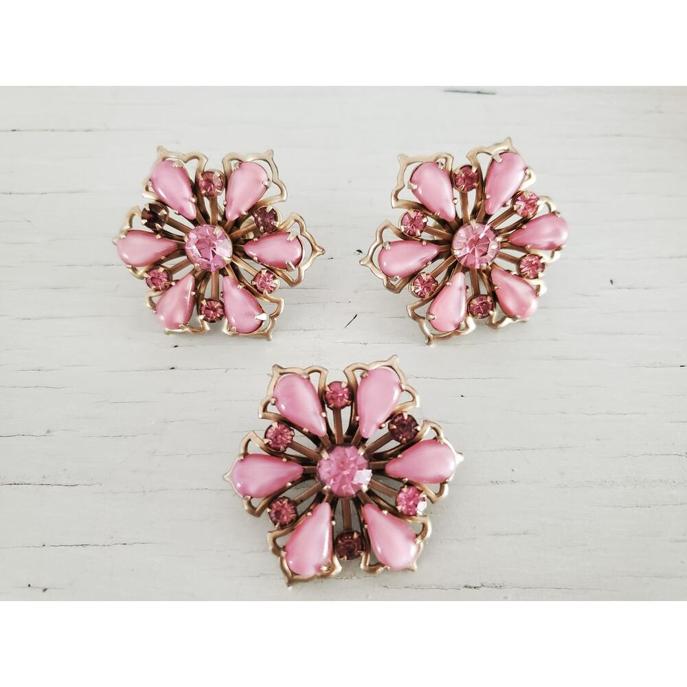 Vintage MCM Floral Pink Thermal and Rhinestone Brooch and Earring Set